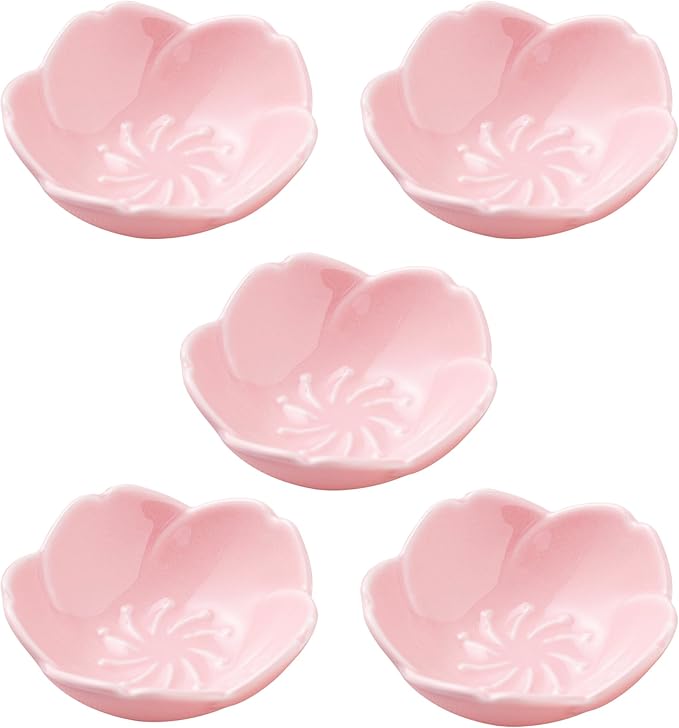 5 PC Pink Cherry Blossom Ceramic Sauce Dish, Seasoning Dish, Sushi Soy Dipping Bow, Dessert Bowl, Appetizer Plates, Serving Dish for Kitchen Home (Pink, Set of 5)