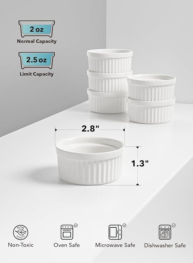 Sauce Cups 2 OZ, Small Dipping Bowls, Mini Ceramic Ramekins Souffle Dishes, Sauce Dip Bowls for Charcuterie Boards, Microwave & Oven Safe, Set of 6, White