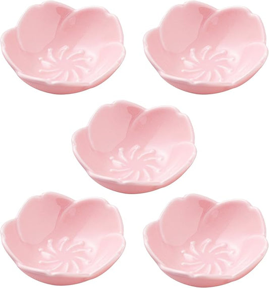 5 PC Pink Cherry Blossom Ceramic Sauce Dish, Seasoning Dish, Sushi Soy Dipping Bow, Dessert Bowl, Appetizer Plates, Serving Dish for Kitchen Home (Pink, Set of 5)