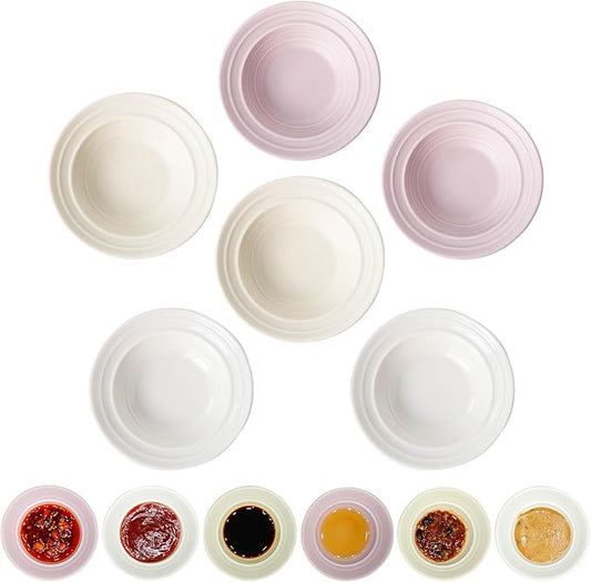 Soy Sauce Dish, 3.8 inch Kitchen Dipping Dishes/Cups/Bowls, 2.6oz Ceramic Sauce Dish Set of 6, Small Dipping Bowls for Condiments, Sushi, Appetizers, Ketchup, Parties (Purple+Yellow+White)