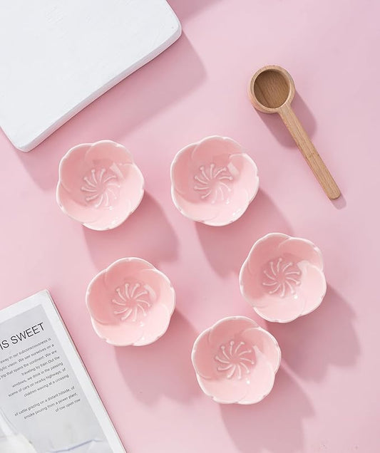5 PC Pink Cherry Blossom Ceramic Sauce Dish, Seasoning Dish, Sushi Soy Dipping Bow, Dessert Bowl, Appetizer Plates, Serving Dish for Kitchen Home (Pink, Set of 5)