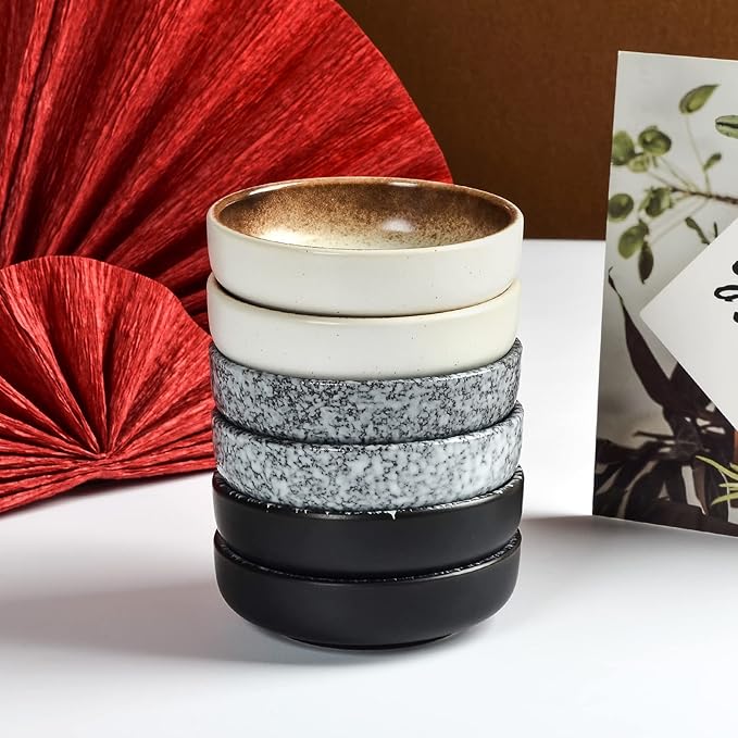 Ceramic Soy Sauce Dish set, Dipping Bowls Set of 6, Chip and Dip Bowls,  3 oz Round Small Dish for Dipping Sushi Tomato Soy Sauce Dish Condiment Finger Dishes