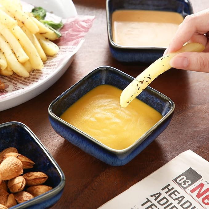 6 Oz Dipping Bowls, 3.7 Inches Ceramic Soy Sauce Dish, Square Side Dishes, Small Appetizer Plates Set of 4