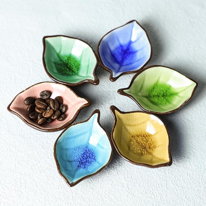 Colorful Leaf Shape Design Multipurpose Porcelain Side Dish Bowl Seasoning Dishes Soy Dipping Sauce Dishes(Set of 6)-Small