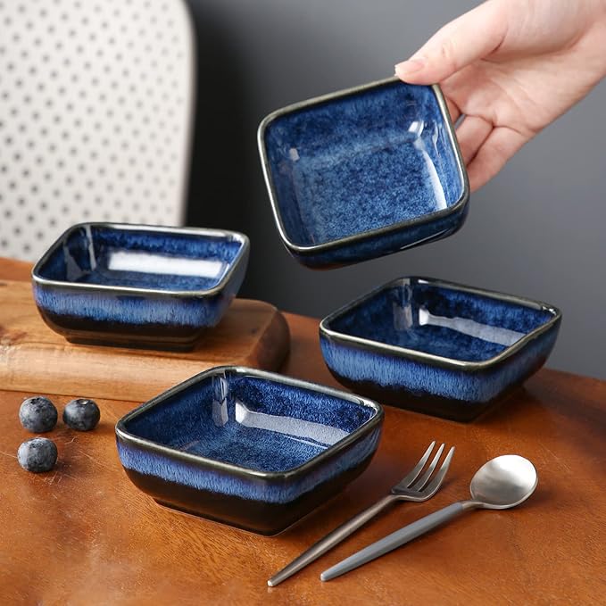 6 Oz Dipping Bowls, 3.7 Inches Ceramic Soy Sauce Dish, Square Side Dishes, Small Appetizer Plates Set of 4