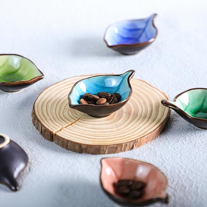 Colorful Leaf Shape Design Multipurpose Porcelain Side Dish Bowl Seasoning Dishes Soy Dipping Sauce Dishes(Set of 6)-Small