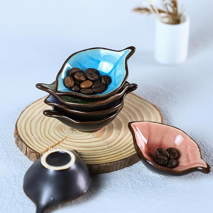 Colorful Leaf Shape Design Multipurpose Porcelain Side Dish Bowl Seasoning Dishes Soy Dipping Sauce Dishes(Set of 6)-Small