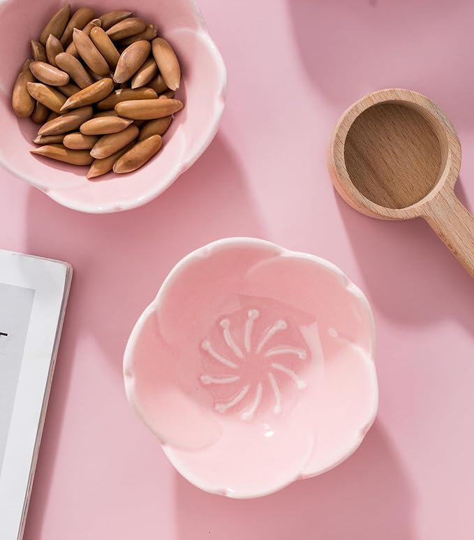 5 PC Pink Cherry Blossom Ceramic Sauce Dish, Seasoning Dish, Sushi Soy Dipping Bow, Dessert Bowl, Appetizer Plates, Serving Dish for Kitchen Home (Pink, Set of 5)