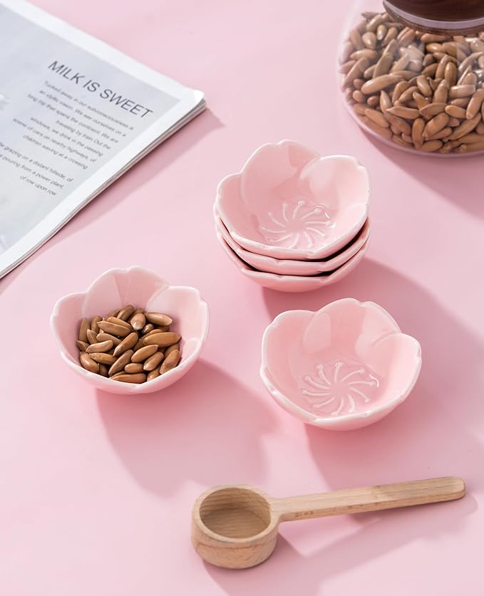 5 PC Pink Cherry Blossom Ceramic Sauce Dish, Seasoning Dish, Sushi Soy Dipping Bow, Dessert Bowl, Appetizer Plates, Serving Dish for Kitchen Home (Pink, Set of 5)