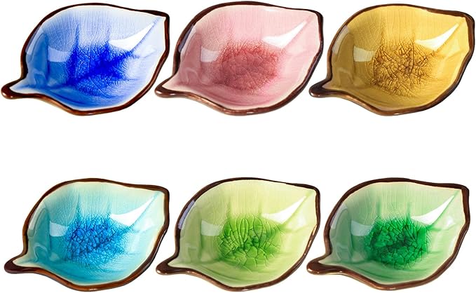 Colorful Leaf Shape Design Multipurpose Porcelain Side Dish Bowl Seasoning Dishes Soy Dipping Sauce Dishes(Set of 6)-Small
