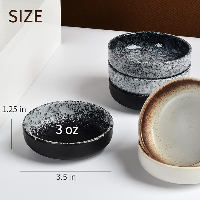 Ceramic Soy Sauce Dish set, Dipping Bowls Set of 6, Chip and Dip Bowls,  3 oz Round Small Dish for Dipping Sushi Tomato Soy Sauce Dish Condiment Finger Dishes