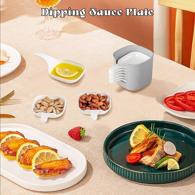 Dipping Sauce Plate and Holder Set, 6Pcs Plastic Dipping Dish with Storage Box, Including 6counts Seasoning Dish with Storage Box for Condiments, Snacks, and Fruits