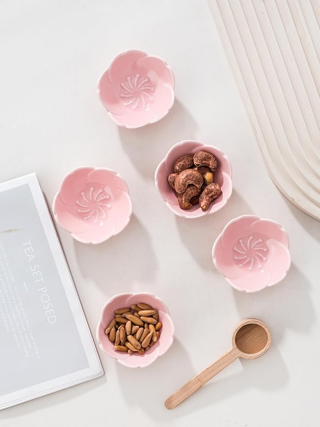 5 PC Pink Cherry Blossom Ceramic Sauce Dish, Seasoning Dish, Sushi Soy Dipping Bow, Dessert Bowl, Appetizer Plates, Serving Dish for Kitchen Home (Pink, Set of 5)